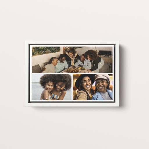 Photo of a framed photo canvase called 'Trilogy Collage'. It is 30cm x 20cm in size, in a Landscape orientation. It has space for 3 photos.