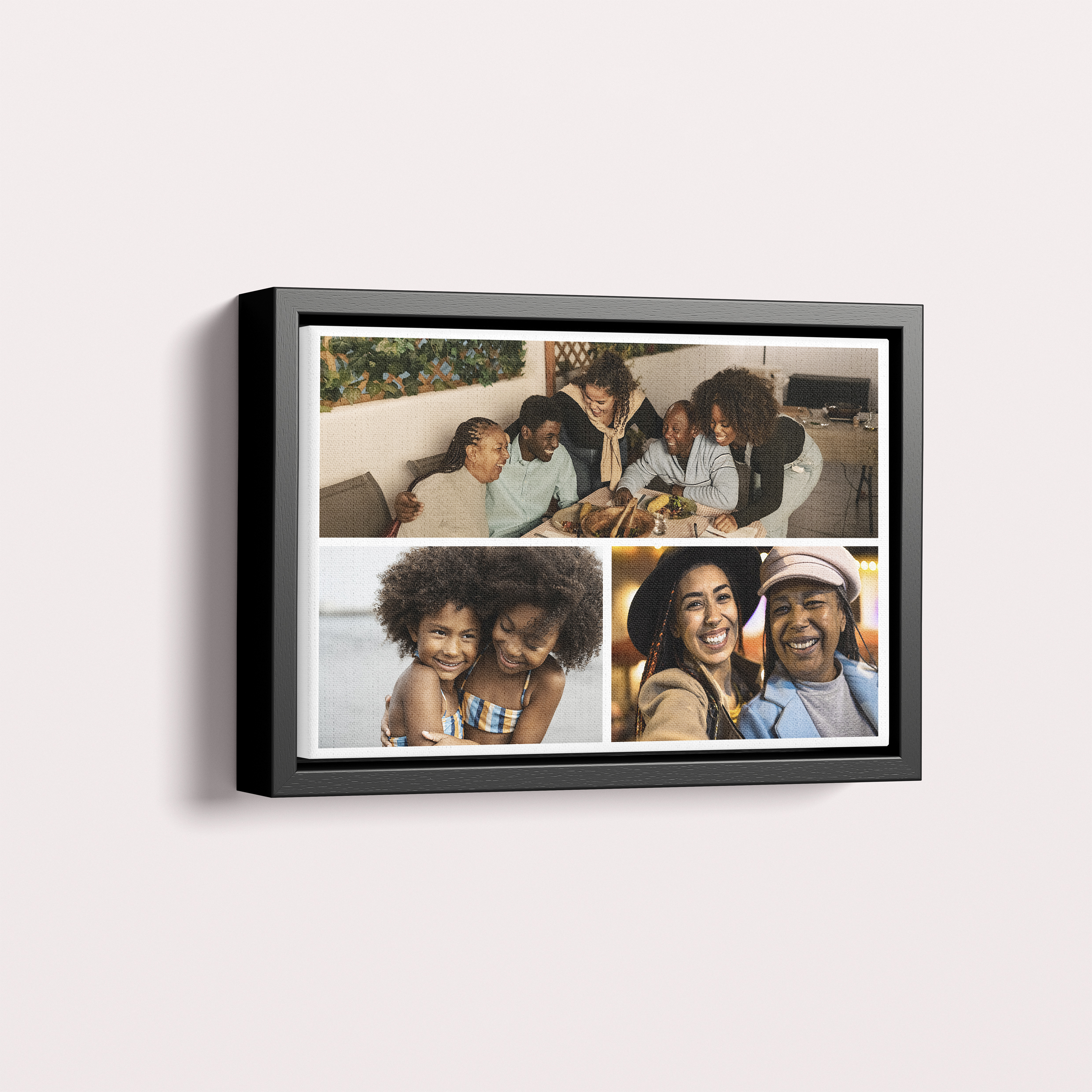 Photo of a framed photo canvase called 'Trilogy Collage'. It is 30cm x 20cm in size, in a Landscape orientation. It has space for 3 photos.