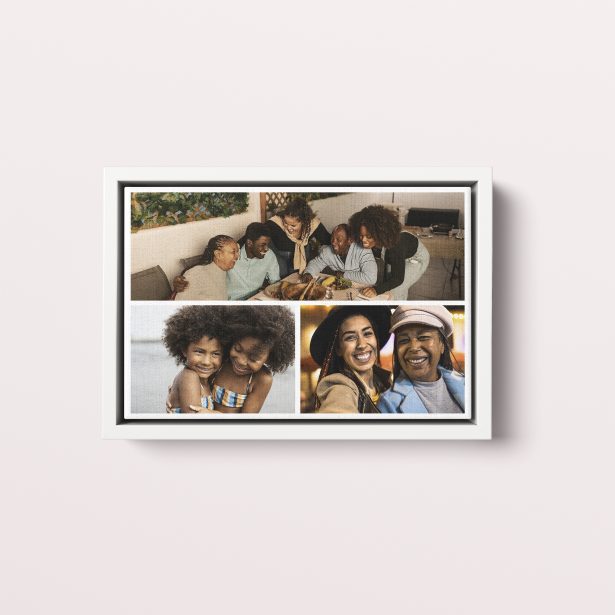 Photo of a framed photo canvase called 'Trilogy Collage'. It is 30cm x 20cm in size, in a Landscape orientation. It has space for 3 photos.