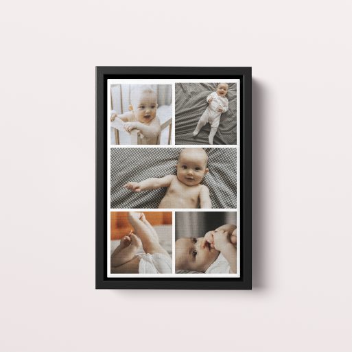 Photo of a framed photo canvase called 'Childhood Kaleidoscope'. It is 30cm x 20cm in size, in a Portrait orientation. It has space for 5 photos.