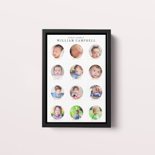 Photo of a framed photo canvase called 'Month by Month'. It is 30cm x 20cm in size, in a Portrait orientation. It has space for 12 photos.