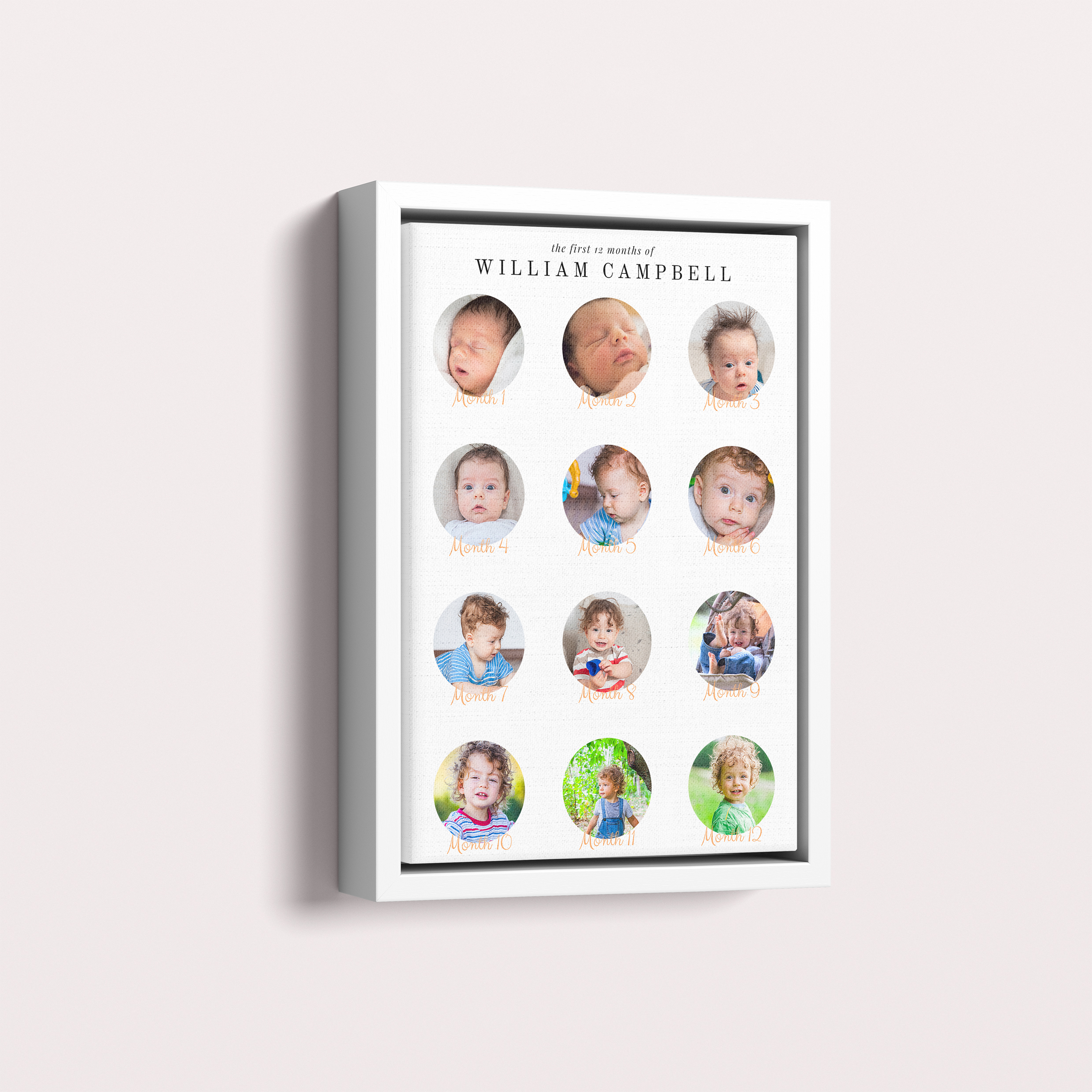 Photo of a framed photo canvase called 'Month by Month'. It is 30cm x 20cm in size, in a Portrait orientation. It has space for 12 photos.