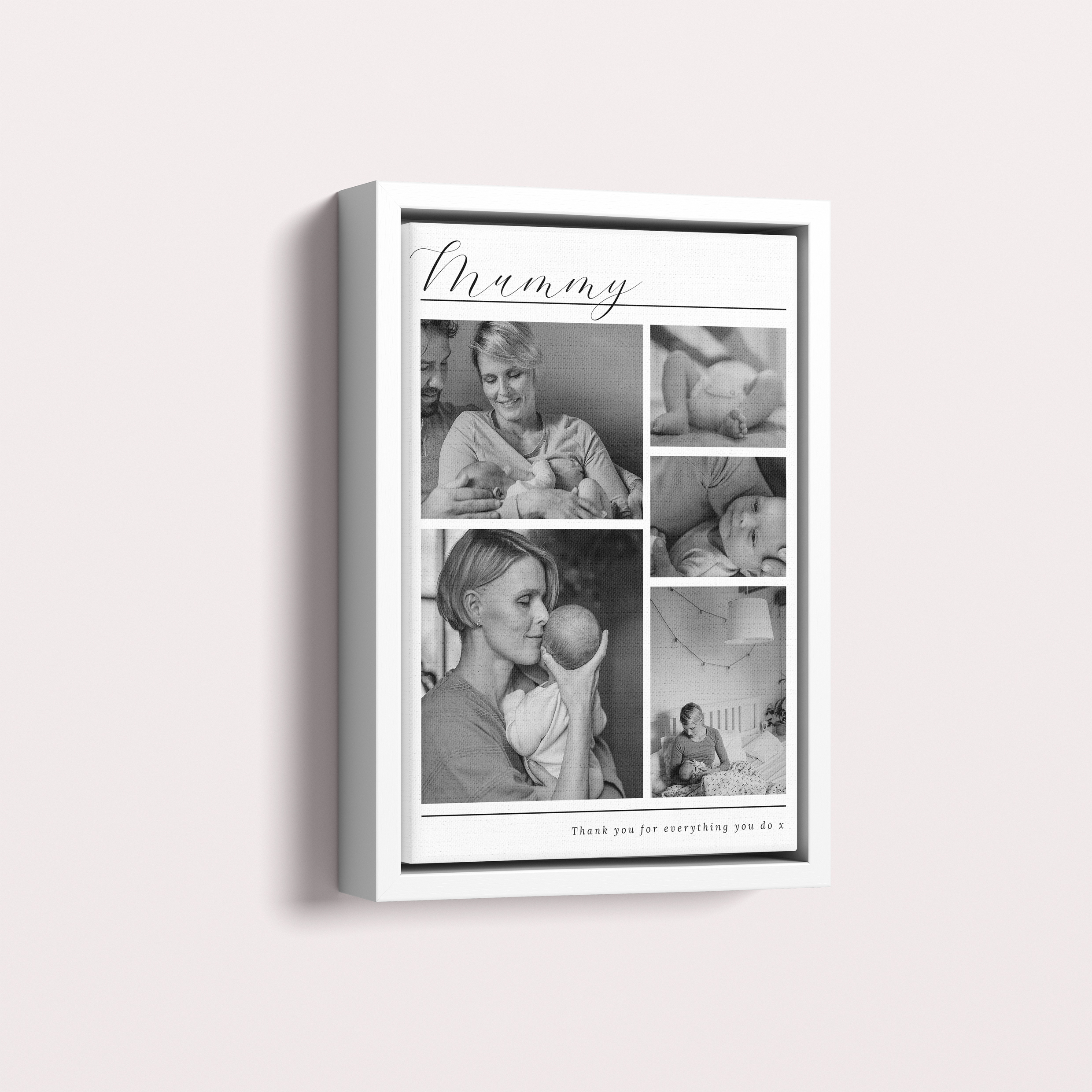 Photo of a framed photo canvase called 'Mother’s Quintessence'. It is 30cm x 20cm in size, in a Portrait orientation. It has space for 5 photos.