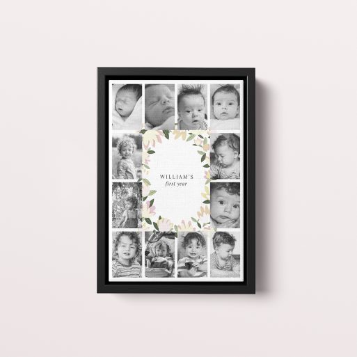 Photo of a framed photo canvase called 'My first year'. It is 30cm x 20cm in size, in a Portrait orientation. It has space for 12 photos.