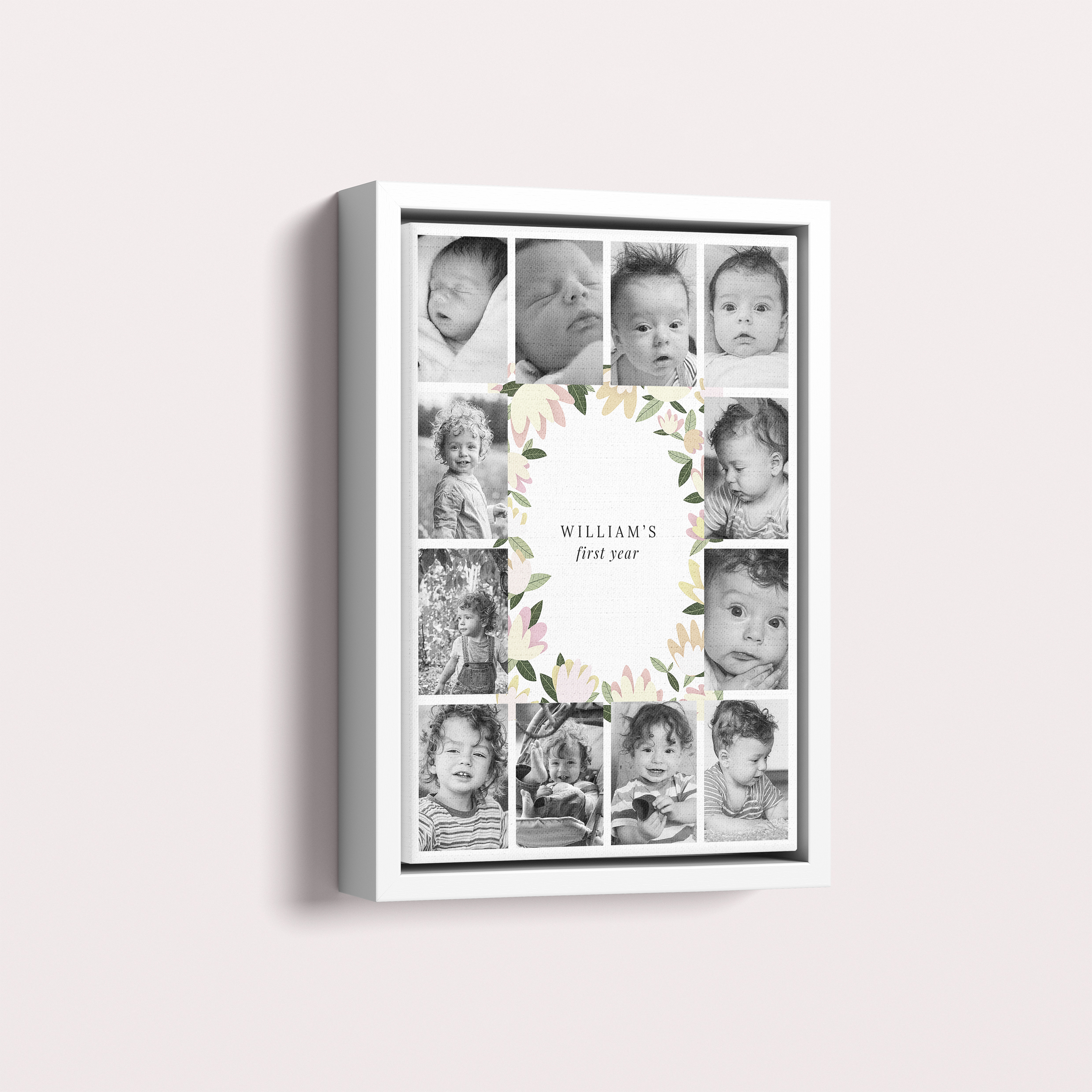 Photo of a framed photo canvase called 'My first year'. It is 30cm x 20cm in size, in a Portrait orientation. It has space for 12 photos.
