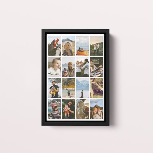 Photo of a framed photo canvase called 'Spectrum of Moments'. It is 30cm x 20cm in size, in a Portrait orientation. It has space for 16 photos.