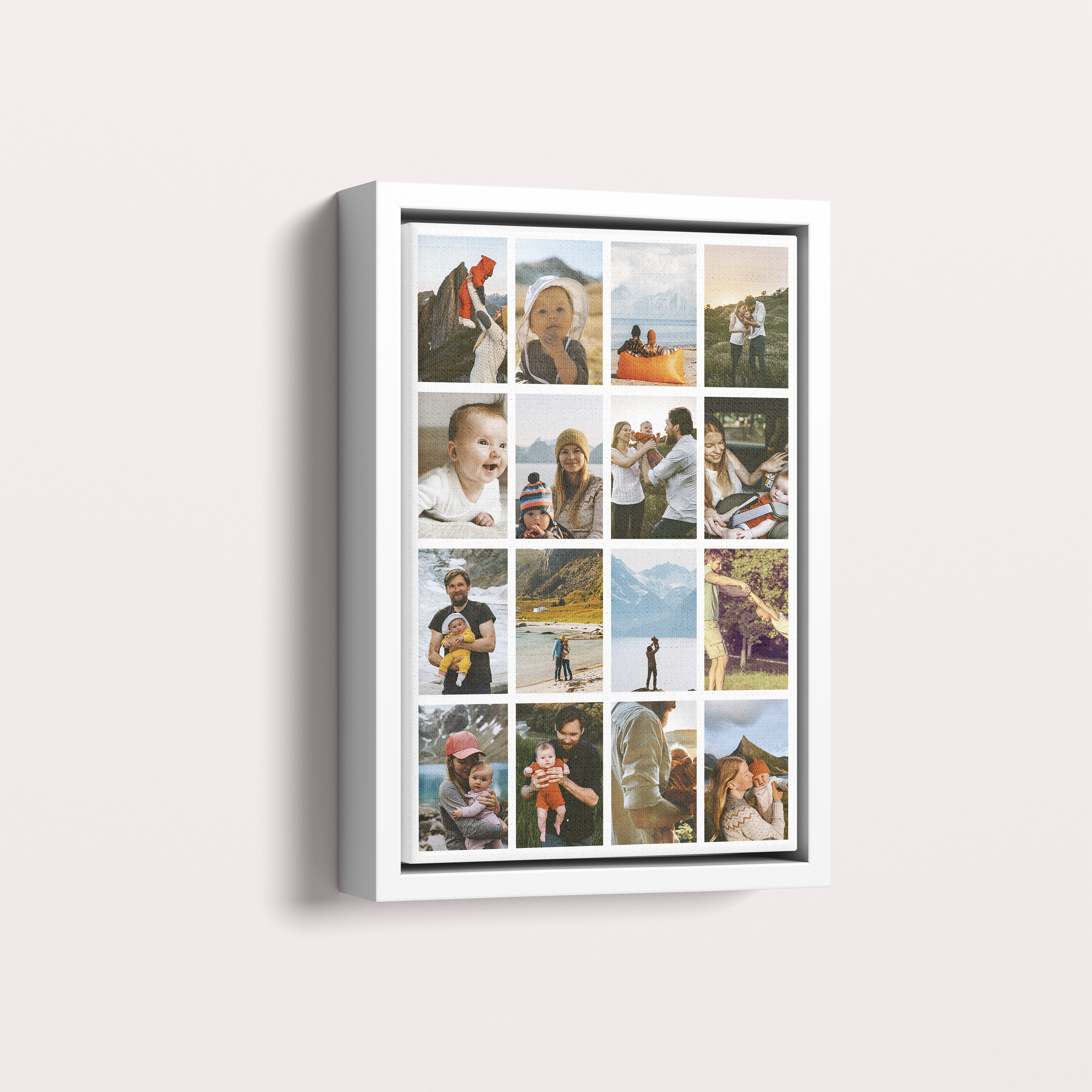 Photo of a framed photo canvase called 'Spectrum of Moments'. It is 30cm x 20cm in size, in a Portrait orientation. It has space for 16 photos.