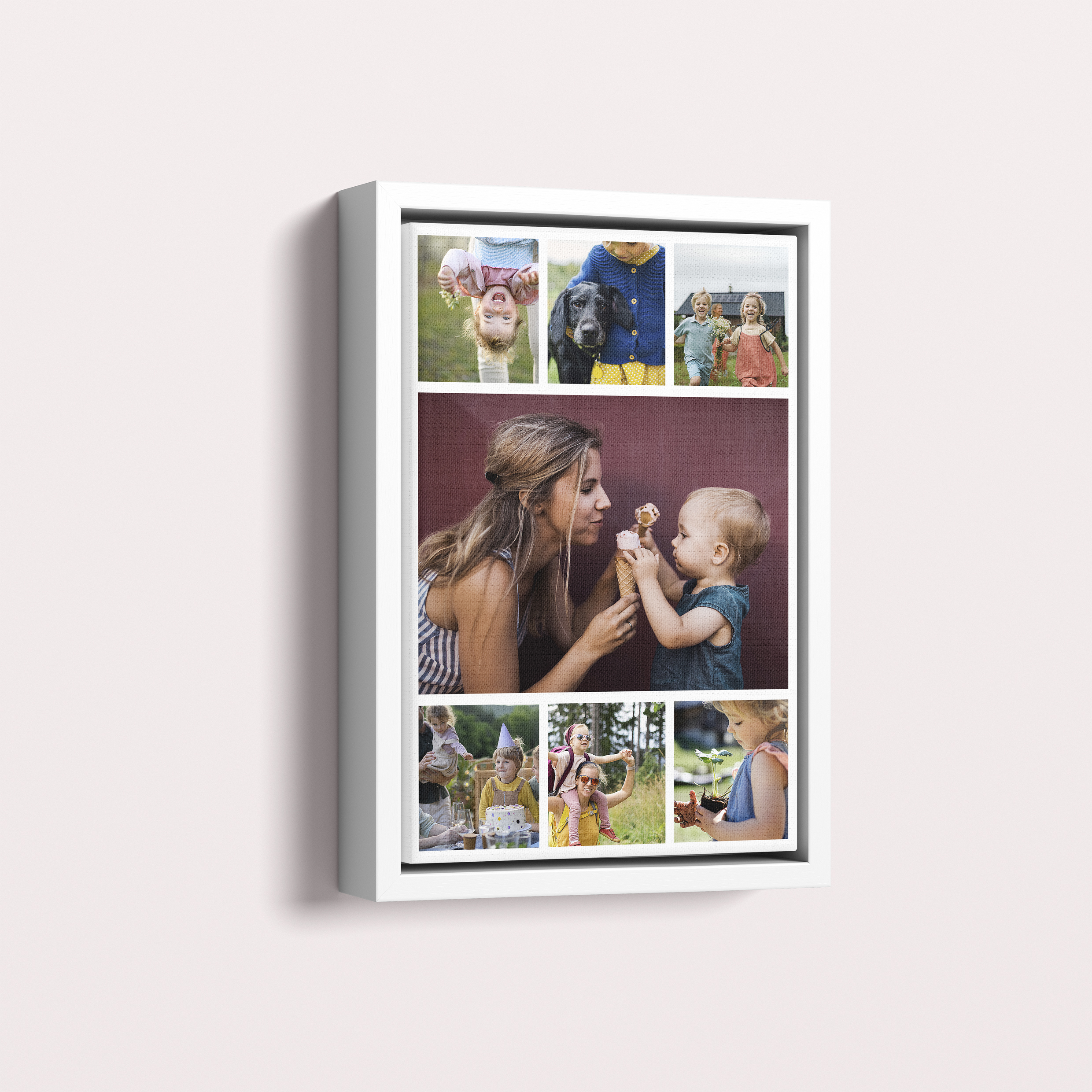 Photo of a framed photo canvase called 'Tapestry of Time'. It is 30cm x 20cm in size, in a Portrait orientation. It has space for 7 photos.