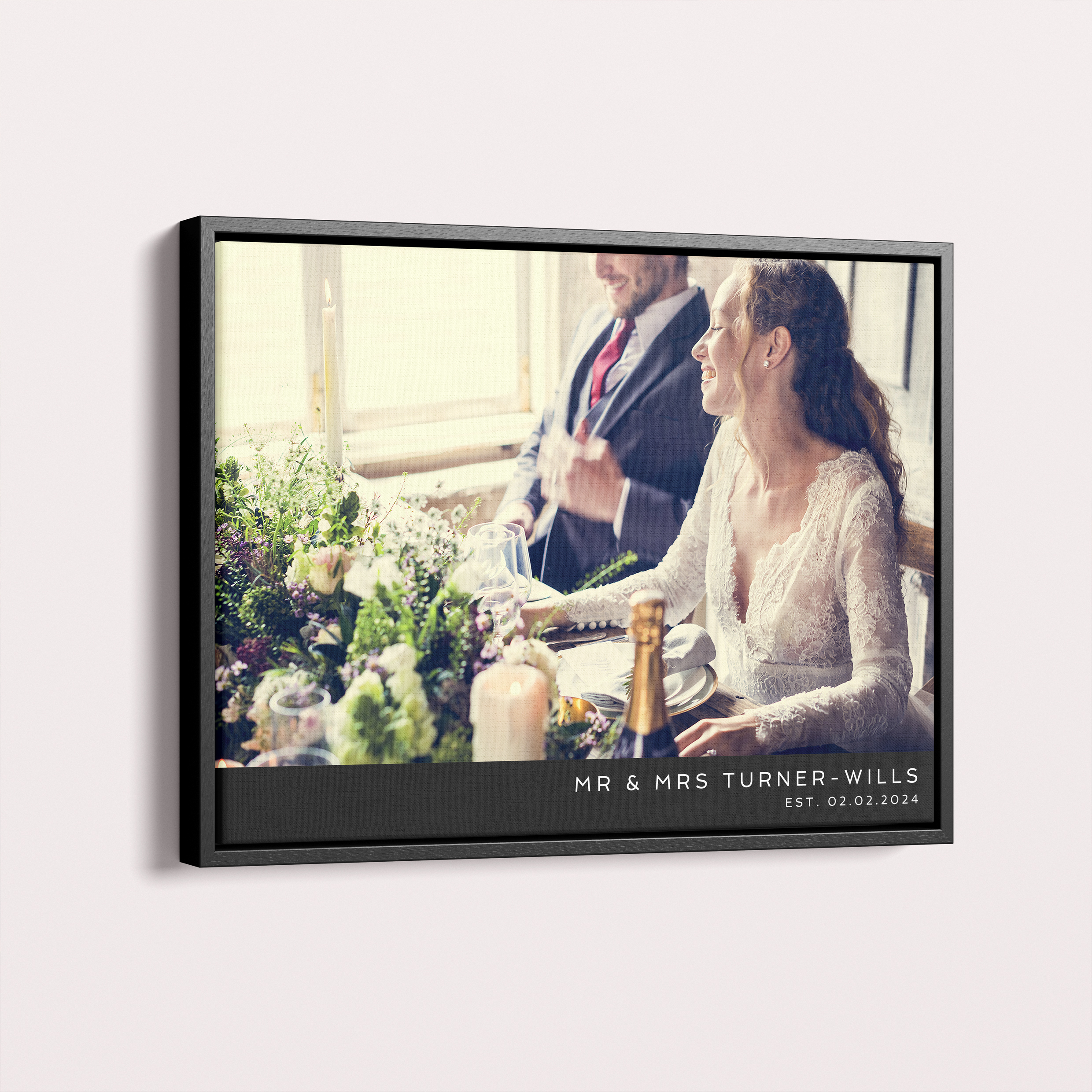  Personalized Wedding Bliss Framed Photo Canvas - Introducing a loving tribute capturing your wedding day essence, this landscape-oriented canvas holds a special place for one photo, serving as a beautiful keepsake.