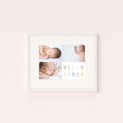 Hello World Corner Framed Photo Print - Durable keepsake holding three cherished photos, perfect for celebrating new beginnings.