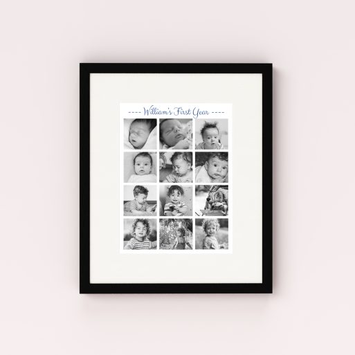 Photo of a framed photo print called '12 months and counting'. It is 40cm x 30cm in size, in a Portrait orientation. It has space for 12 photos.