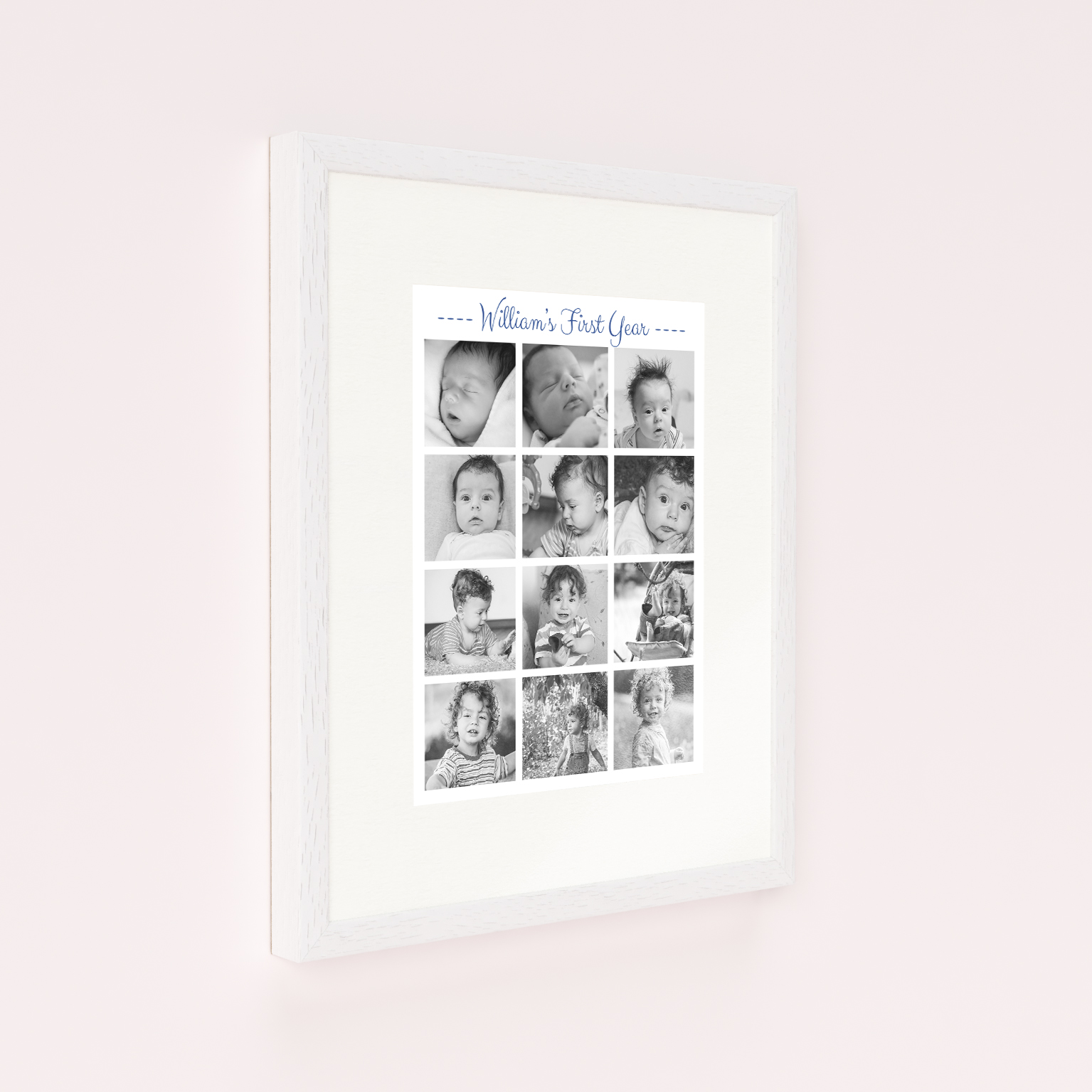 Photo of a framed photo print called '12 months and counting'. It is 40cm x 30cm in size, in a Portrait orientation. It has space for 12 photos.