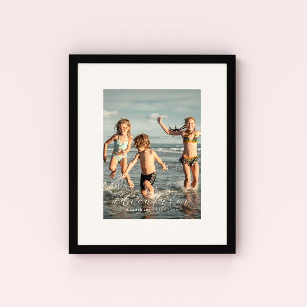Photo of a framed photo print called 'Adventures'. It is 40cm x 30cm in size, in a Portrait orientation. It has space for 1 photos.