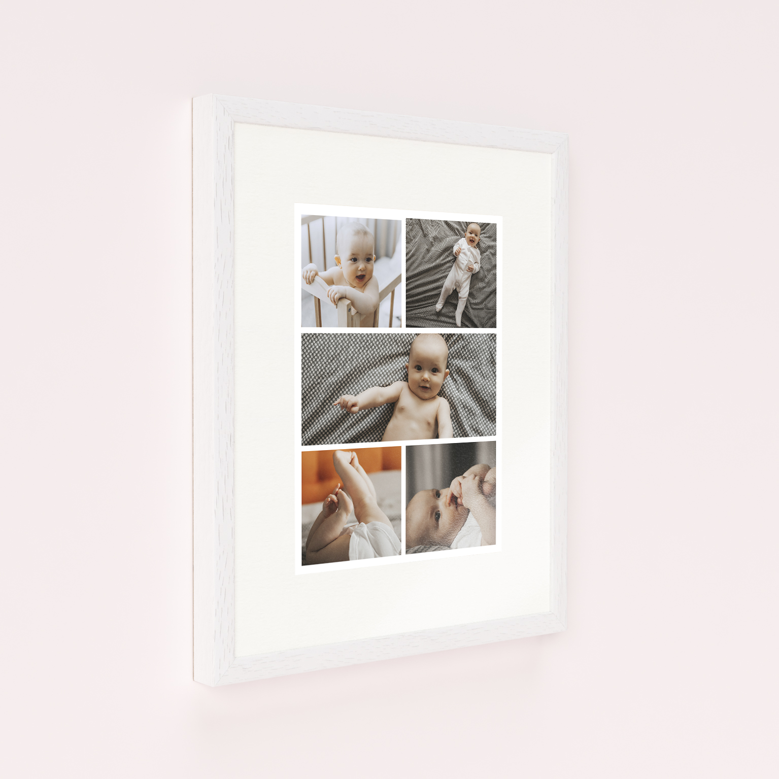 Photo of a framed photo print called 'Childhood Kaleidoscope'. It is 40cm x 30cm in size, in a Portrait orientation. It has space for 5 photos.