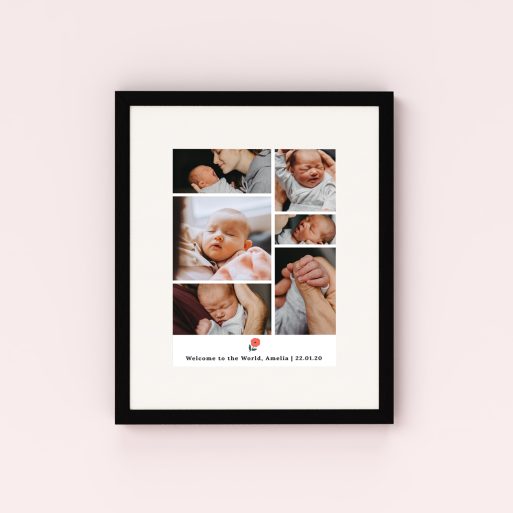 Photo of a framed photo print called 'Childhood Quilt'. It is 40cm x 30cm in size, in a Portrait orientation. It has space for 6 photos.