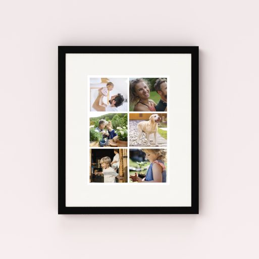 Photo of a framed photo print called 'Friends Collage'. It is 40cm x 30cm in size, in a Portrait orientation. It has space for 6 photos.