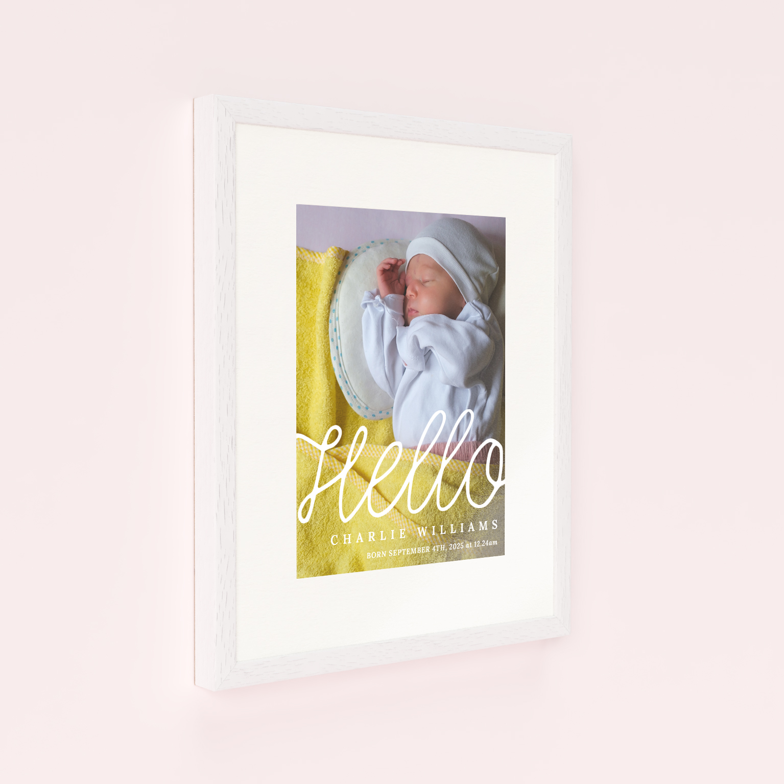 Photo of a framed photo print called 'Hello from me'. It is 40cm x 30cm in size, in a Portrait orientation. It has space for 1 photos.