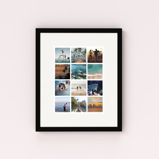 Photo of a framed photo print called 'Holiday Keepsake'. It is 40cm x 30cm in size, in a Portrait orientation. It has space for 12 photos.