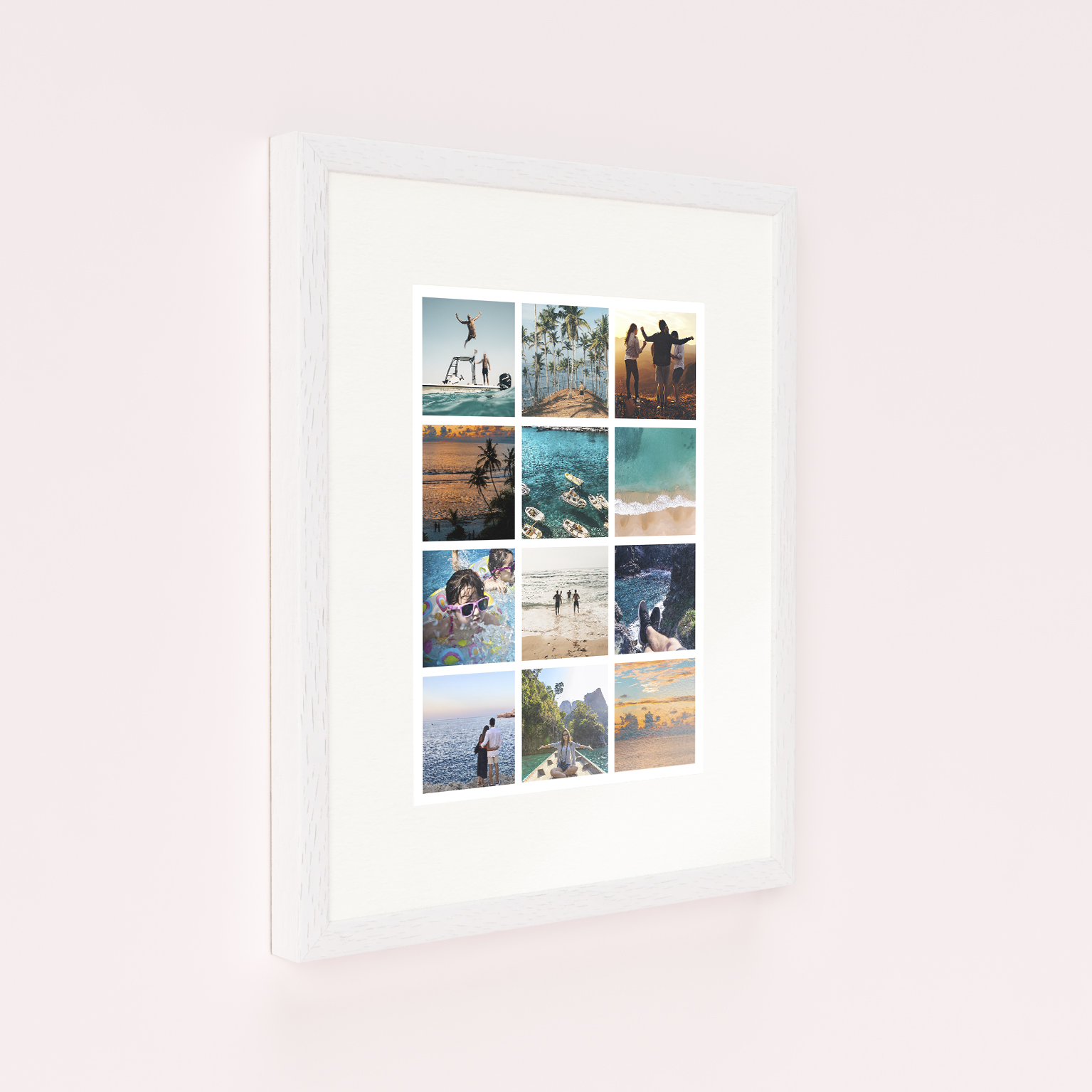 Photo of a framed photo print called 'Holiday Keepsake'. It is 40cm x 30cm in size, in a Portrait orientation. It has space for 12 photos.