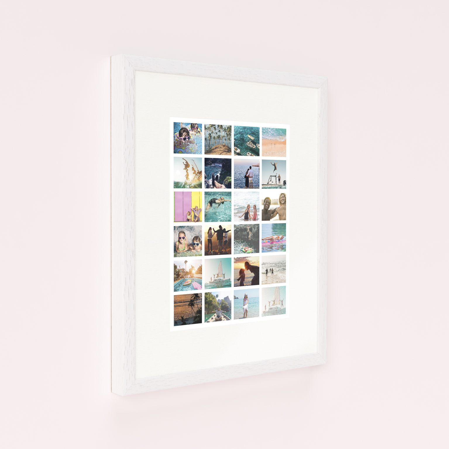 Photo of a framed photo print called 'Holiday Mosaic'. It is 40cm x 30cm in size, in a Portrait orientation. It has space for 24 photos.