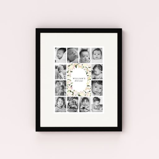 Photo of a framed photo print called 'My first year'. It is 40cm x 30cm in size, in a Portrait orientation. It has space for 12 photos.