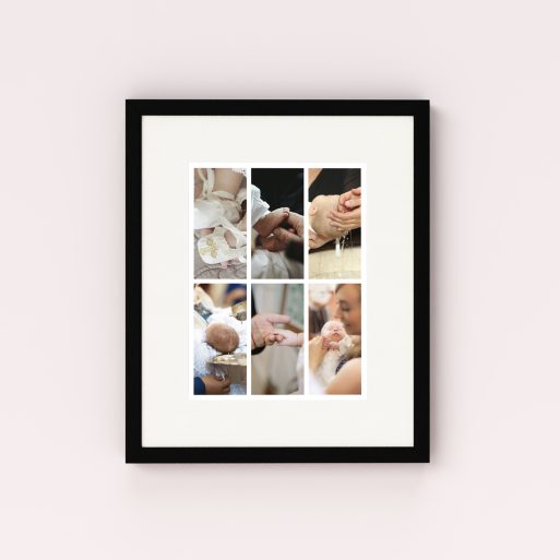 Photo of a framed photo print called 'Photographic Symphony'. It is 40cm x 30cm in size, in a Portrait orientation. It has space for 6 photos.
