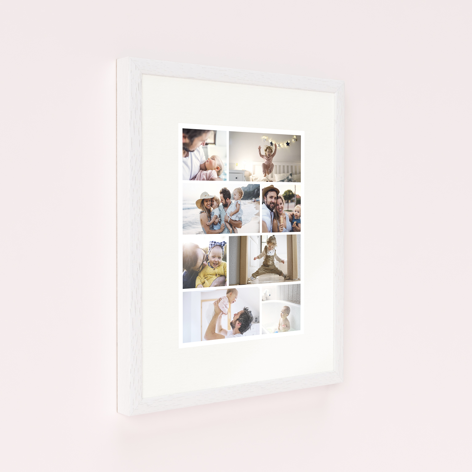 Photo of a framed photo print called 'Playful Memories'. It is 40cm x 30cm in size, in a Portrait orientation. It has space for 8 photos.