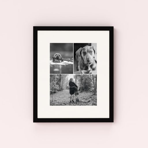 Photo of a framed photo print called 'Print Memories'. It is 40cm x 30cm in size, in a Portrait orientation. It has space for 3 photos.