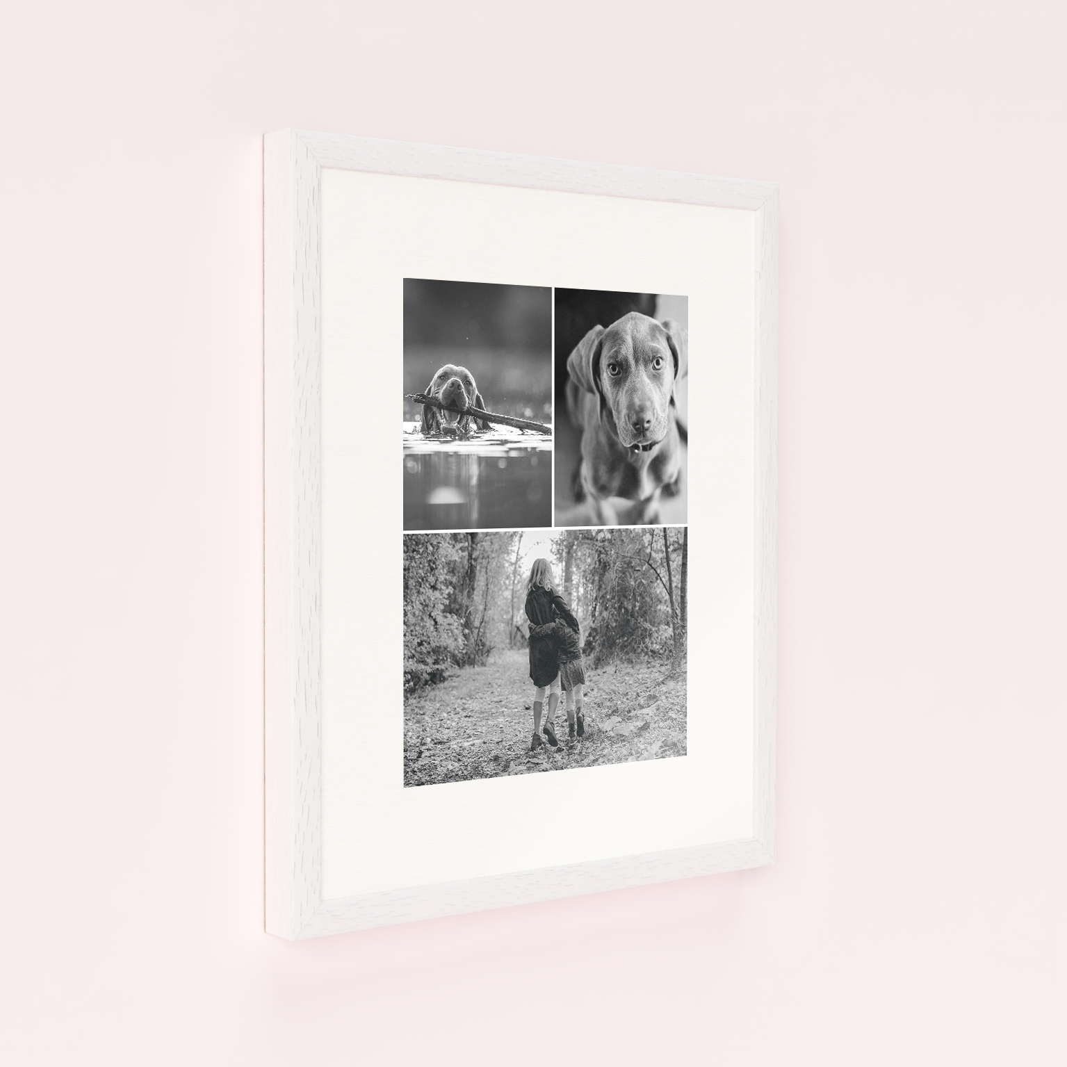 Photo of a framed photo print called 'Print Memories'. It is 40cm x 30cm in size, in a Portrait orientation. It has space for 3 photos.