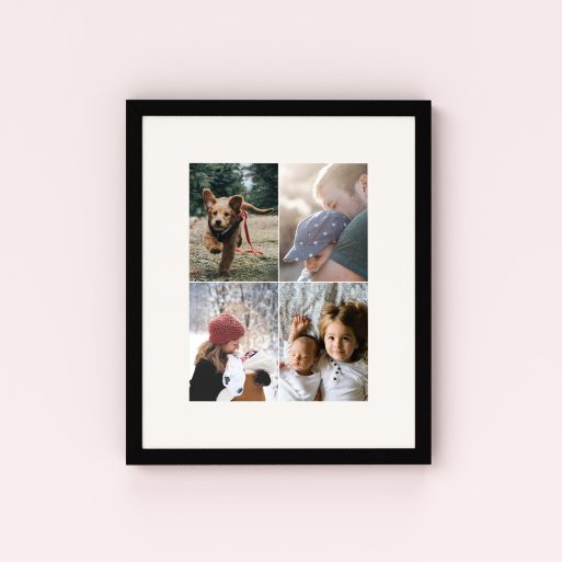 Photo of a framed photo print called 'Quad'. It is 40cm x 30cm in size, in a Portrait orientation. It has space for 4 photos.