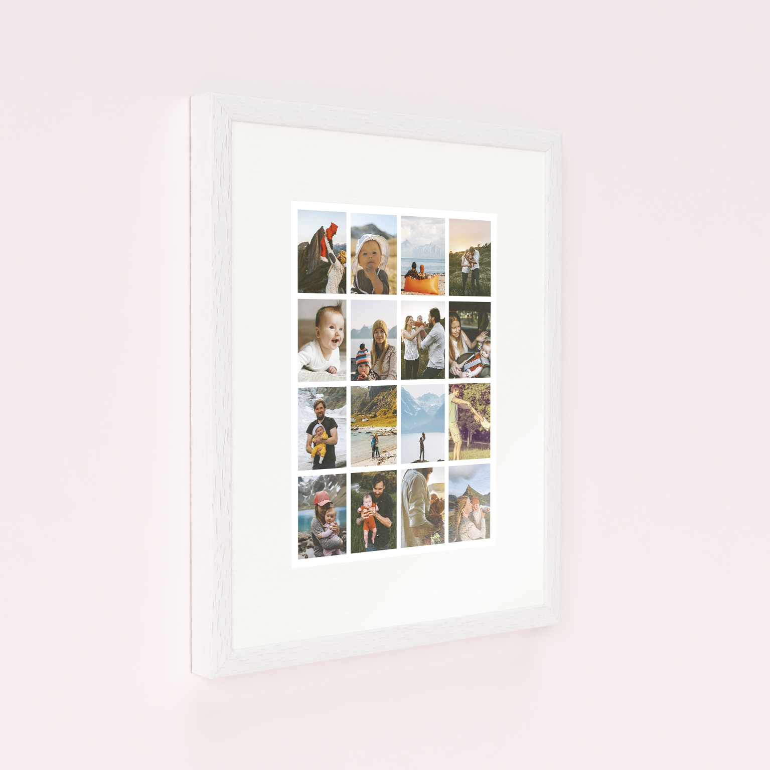 Photo of a framed photo print called 'Spectrum of Moments'. It is 40cm x 30cm in size, in a Portrait orientation. It has space for 16 photos.