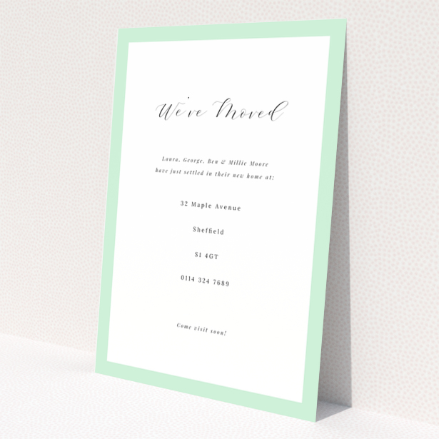 Change of address card with mint green border and elegant script text