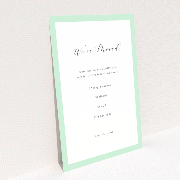 Change of address card design with green border, reverse side of Portrait template