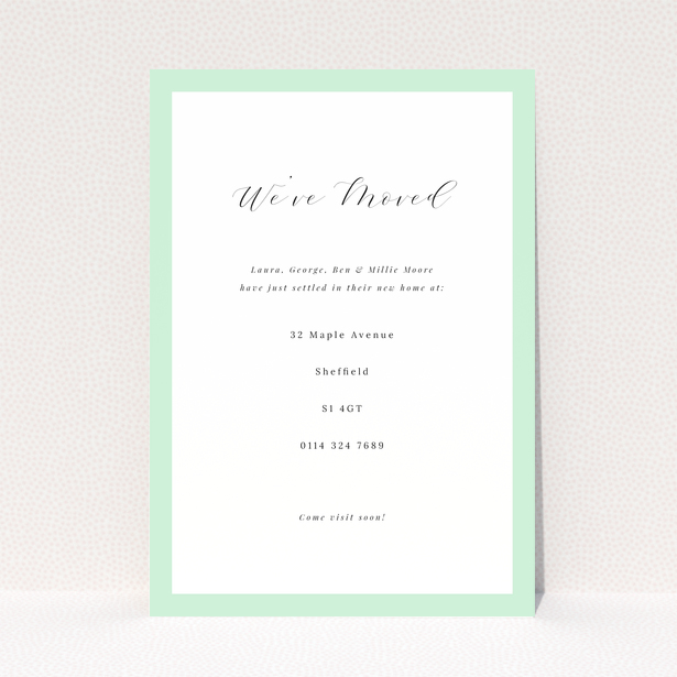 Change of address card with mint green border and elegant script text