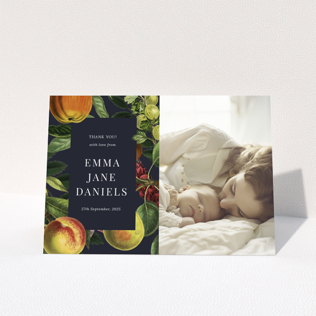 Baby thank you card with floral design and one photo of a baby sleeping next to a woman.