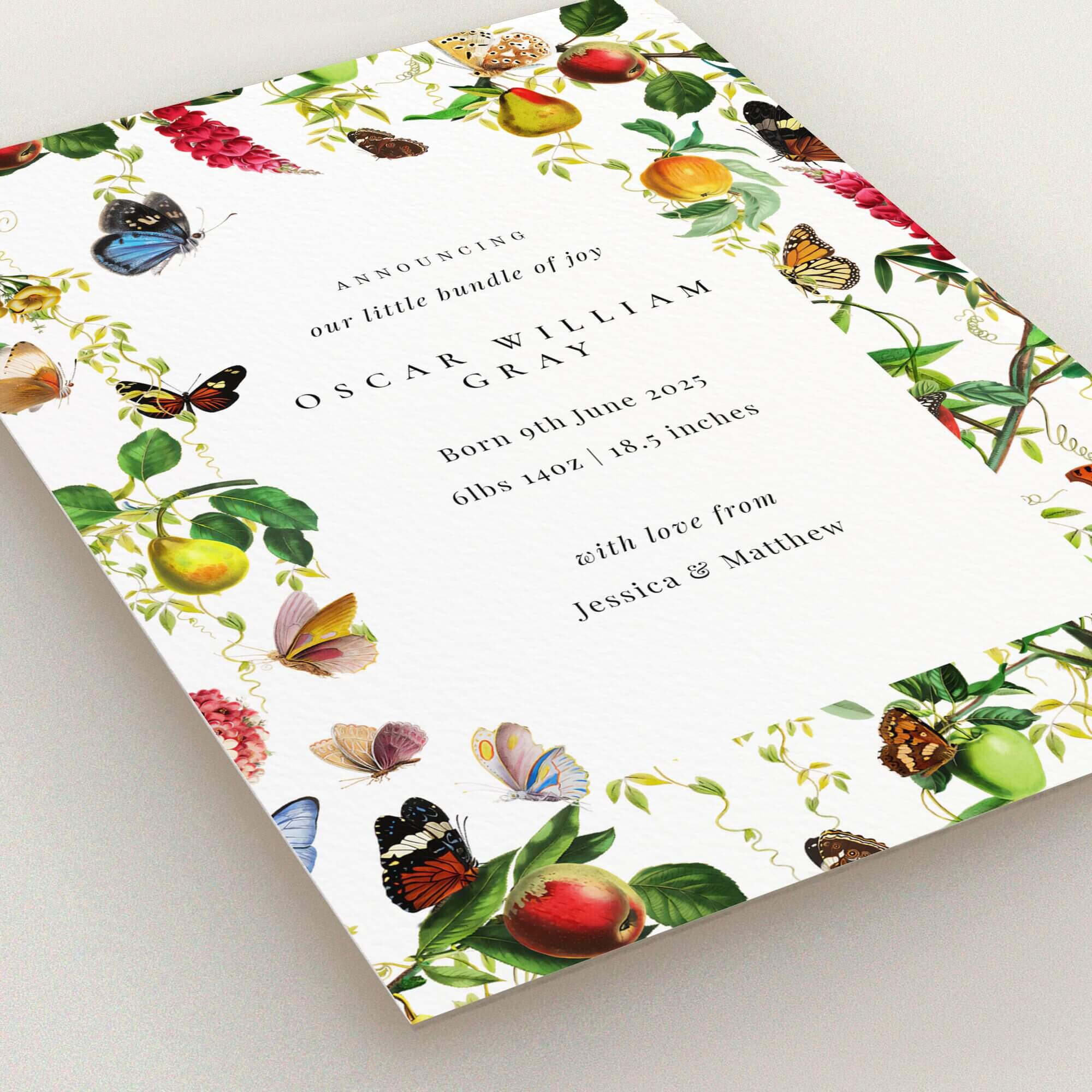 Floral illustrated birth announcement card with butterflies and nature elements, featuring one photo placeholder.