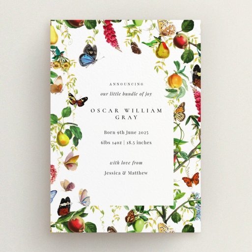 Floral illustrated birth announcement card with butterflies and nature elements, featuring one photo placeholder.