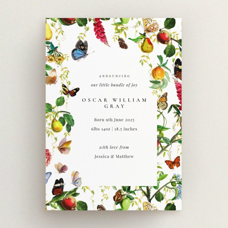Floral illustrated birth announcement card with butterflies and nature elements, featuring one photo placeholder.