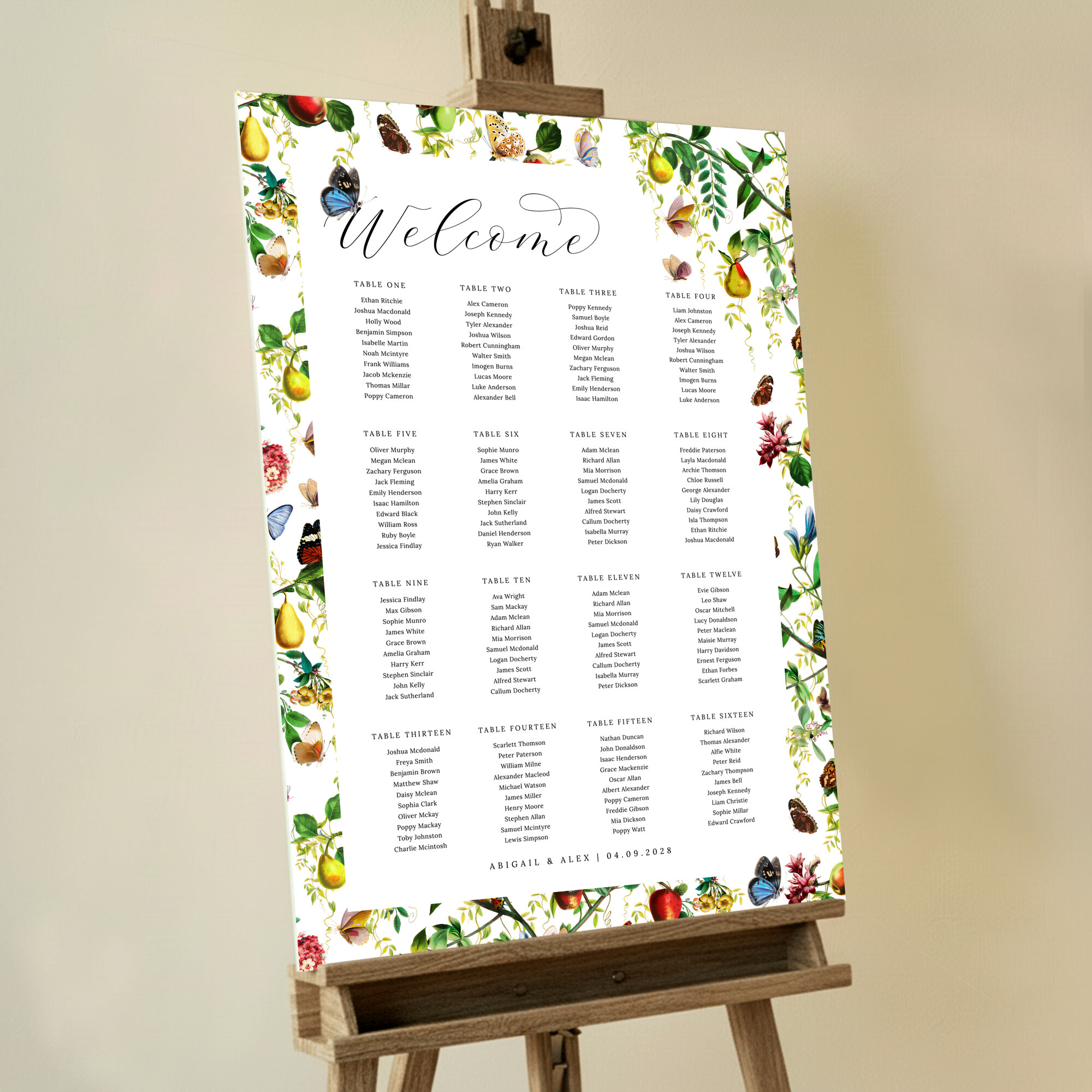Custom Fruitful Foliage Seating Charts featuring a playful mix of apples, pears, butterflies, and garden foliage, adding a whimsical and enchanting atmosphere to your summertime wedding celebration.. This one has 16 tables.