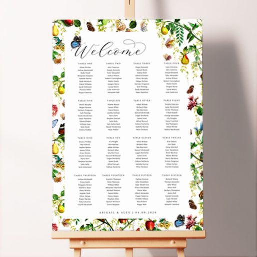 Custom Fruitful Foliage Seating Charts featuring a playful mix of apples, pears, butterflies, and garden foliage, adding a whimsical and enchanting atmosphere to your summertime wedding celebration.. This one has 16 tables.