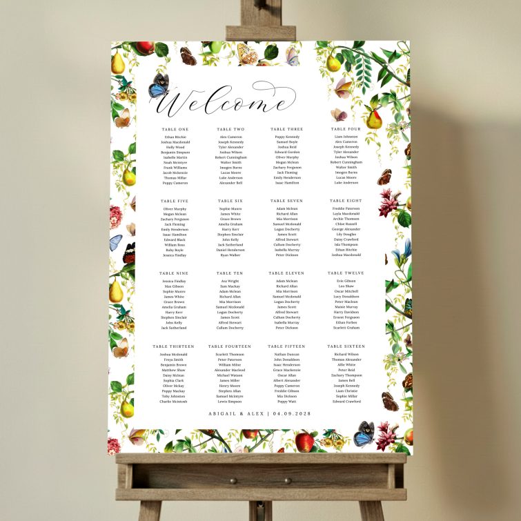 Custom Fruitful Foliage Seating Charts featuring a playful mix of apples, pears, butterflies, and garden foliage, adding a whimsical and enchanting atmosphere to your summertime wedding celebration.. This one has 16 tables.