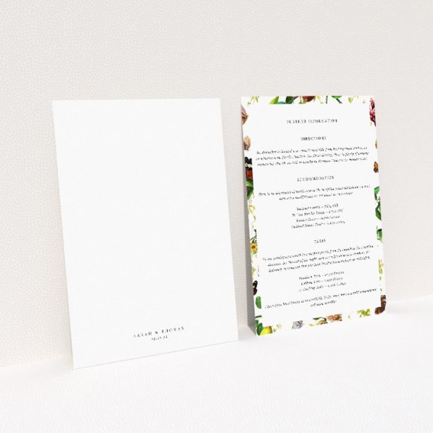 Fruitful Foliage information insert card with richly colored fruits, flowers, and butterflies, reflecting abundance and vitality of nature This image shows the front and back sides together