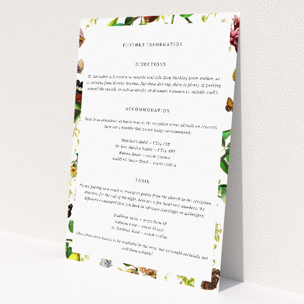 Fruitful Foliage information insert card with richly colored fruits, flowers, and butterflies, reflecting abundance and vitality of nature This is a view of the front