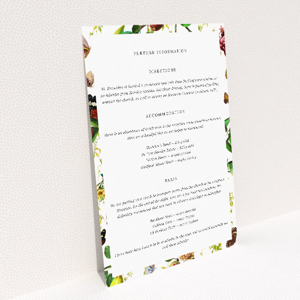 Fruitful Foliage information insert card with richly colored fruits, flowers, and butterflies, reflecting abundance and vitality of nature This image shows the front and back sides together