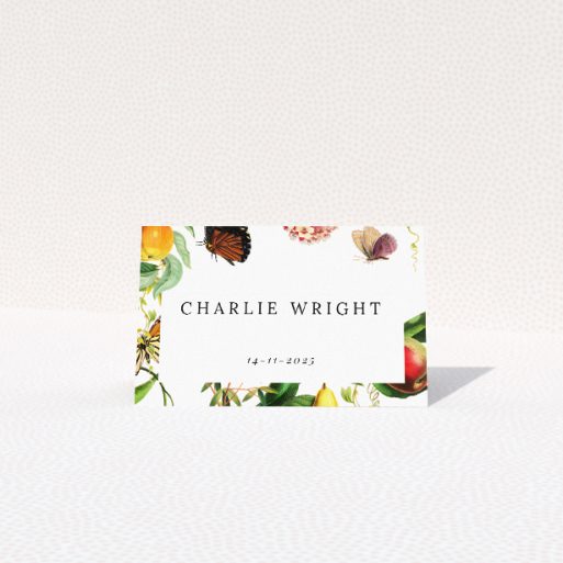 Fruitful Foliage place cards table template - lush garden aesthetic with rich hues and delicate details for wedding decor. This is a view of the front