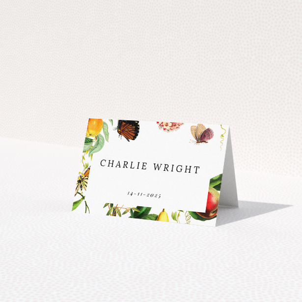 Fruitful Foliage place cards table template - lush garden aesthetic with rich hues and delicate details for wedding decor. This is a third view of the front