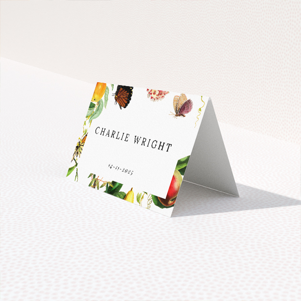 Fruitful Foliage place cards table template - lush garden aesthetic with rich hues and delicate details for wedding decor. This is a third view of the front