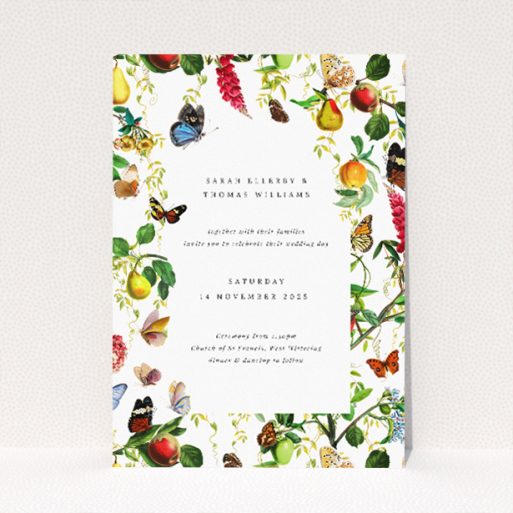 Fruitful Foliage wedding invitation featuring richly coloured fruits, flowers, and butterflies, celebrating nature's diversity and vitality, perfect for couples wishing to encapsulate the essence of growth and prosperity in their wedding invitation This is a view of the front