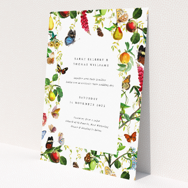 Fruitful Foliage wedding invitation featuring richly coloured fruits, flowers, and butterflies, celebrating nature's diversity and vitality, perfect for couples wishing to encapsulate the essence of growth and prosperity in their wedding invitation This is a view of the front