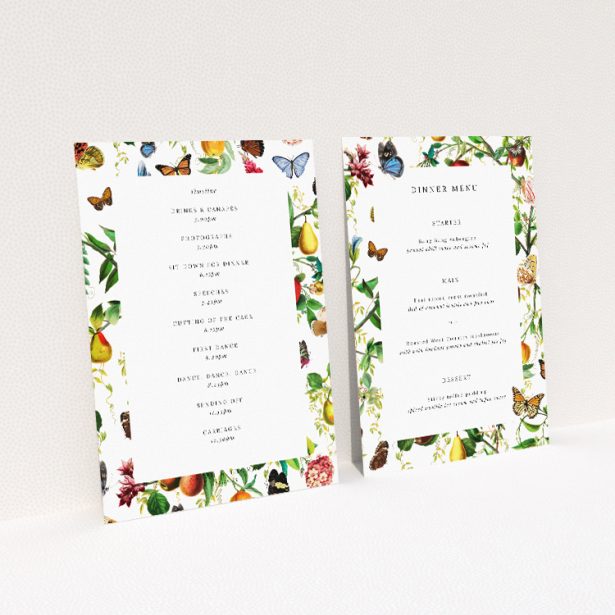 Colourful wedding menu template featuring fruits, flowers, and butterflies on a white background. This image shows the front and back sides together